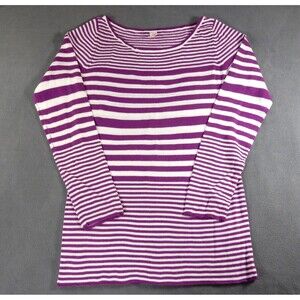 Bongo Womens Sweater Large Purple White Stripe Tunic Long Sleeve Crew Neck Knit